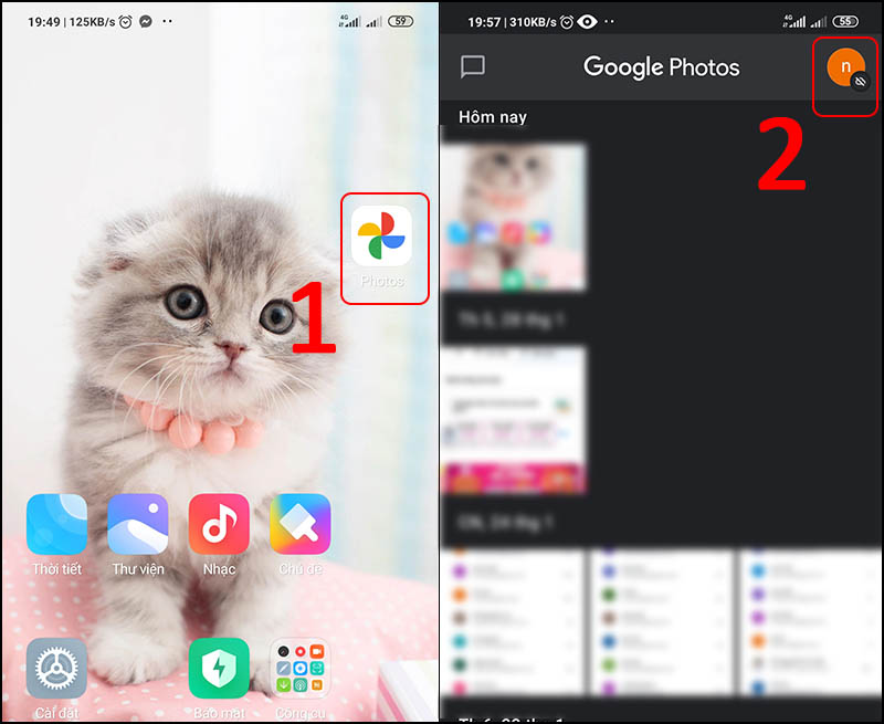 Mở ứng dụng Google Photos > Chọn biểu tượng bên góc phải màn hình như hình minh họa.